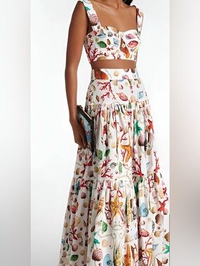 NWT Commense White Seashell Print Maxi Skirt and Crop Top